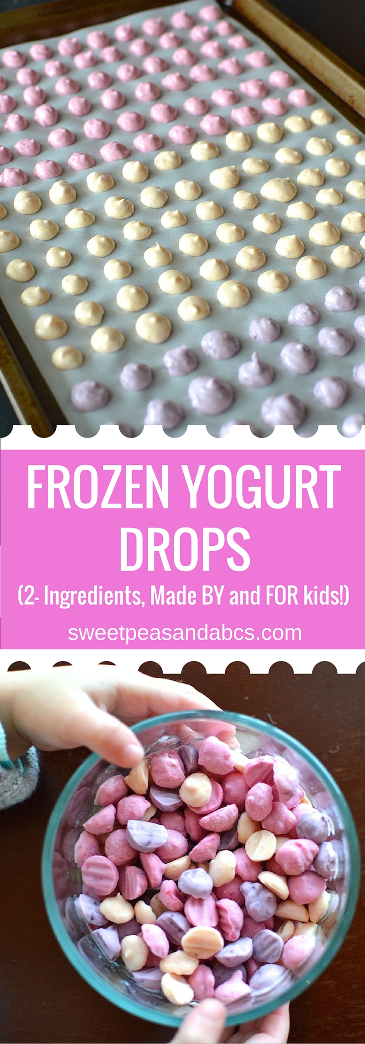 Frozen Yogurt Drops - A two-ingredient, real-food snack recipe made BY and FOR kids! Whole milk yogurt and fruit puree, that's it! ~sweetpeasandabcs.com