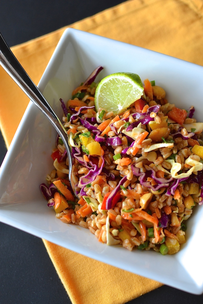 Rainbow Thai Farro Salad - Crunchy colorful veggies and chewy, nutty farro in a creamy Thai peanut dressing. A perfect vegetarian lunch or side dish! ~sweetpeasandabcs.com