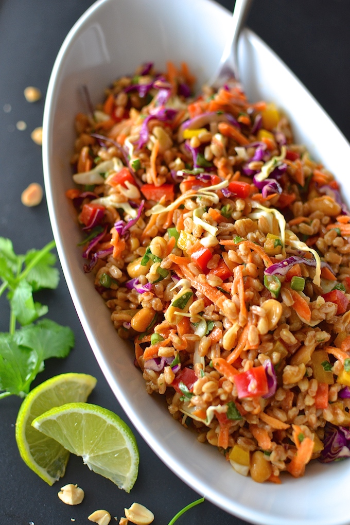 Rainbow Thai Farro Salad - Crunchy colorful veggies and chewy, nutty farro in a creamy Thai peanut dressing. A perfect vegetarian lunch or side dish! ~sweetpeasandabcs.com