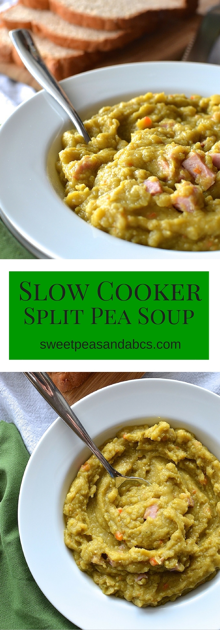 Slow Cooker Split Pea Soup - With only 6 ingredients and 5 easy steps, this recipe is warm, comforting and healthy! ~sweetpeasandabcs.com 