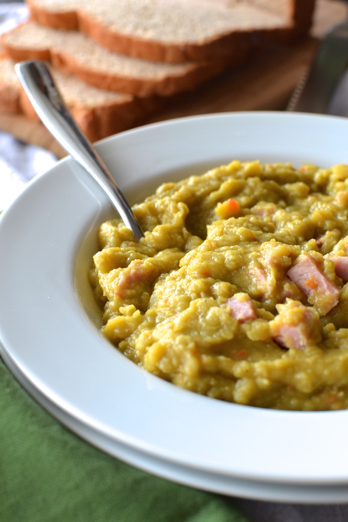 Slow Cooker Split Pea Soup - With only 6 ingredients and 5 easy steps, this recipe is warm, comforting and healthy! ~sweetpeasandabcs.com 