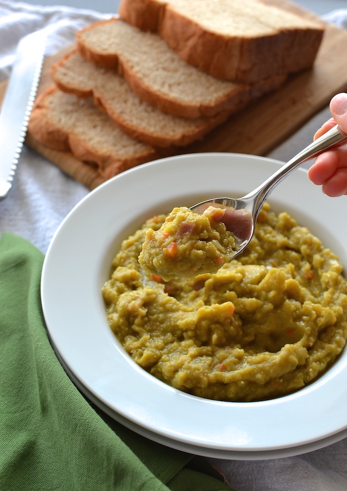 Slow Cooker Split Pea Soup - With only 6 ingredients and 5 easy steps, this recipe is warm, comforting and healthy! ~sweetpeasandabcs.com 