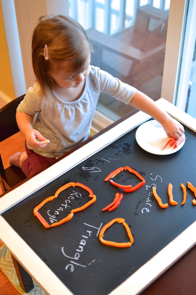 Building Vegetable Polygons - Use colorful sliced peppers, zucchini, squash and onions to build basic shapes and learn all about the sides and angles in different polygons! ~sweetpeasandabcs.com