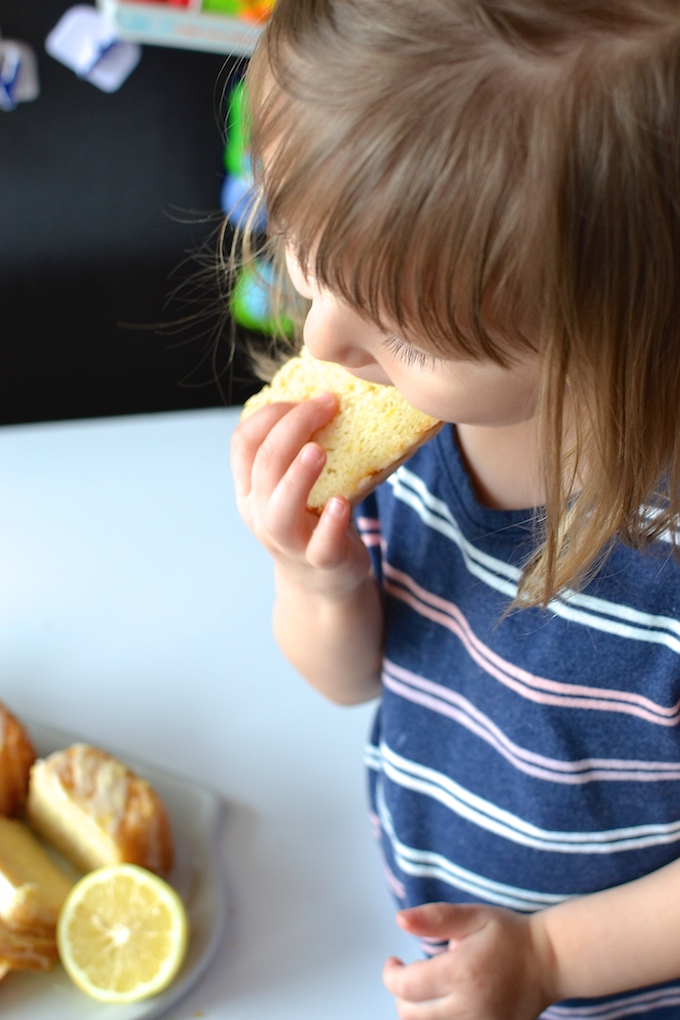 Little Lemon Loaves - Soft, moist and sweet, these Little Lemon Loaves are egg-free and drizzled with a sweet-and-sour, lemony glaze. A great recipe for a light dessert or afternoon treat! ~sweetpeasandabcs.com