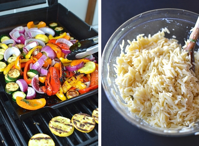 Summertime Mixed Grill with Lemony Orzo - A perfect summertime feast! Grilled meat and colorful vegetables marinated with lemon, garlic and herbs, served with lemony orzo. ~sweetpeasandabcs.com