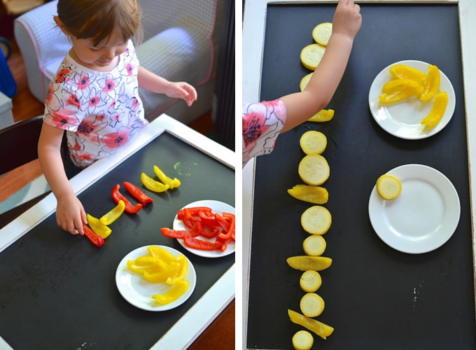 Building Produce Patterns - Kids learn about and build simple and complex patterns using vegetables! ~sweetpeasandabcs.com