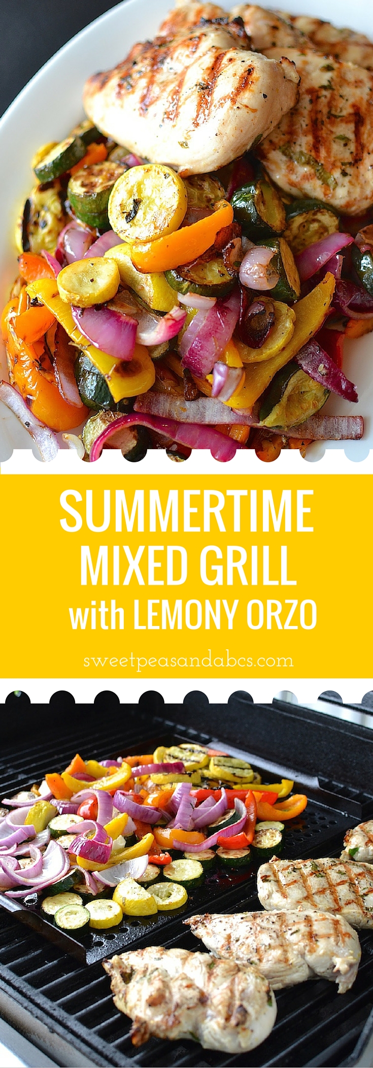 Summertime Mixed Grill with Lemony Orzo - A perfect summertime feast! Grilled meat and colorful vegetables marinated with lemon, garlic and herbs, served with lemony orzo. ~sweetpeasandabcs.com