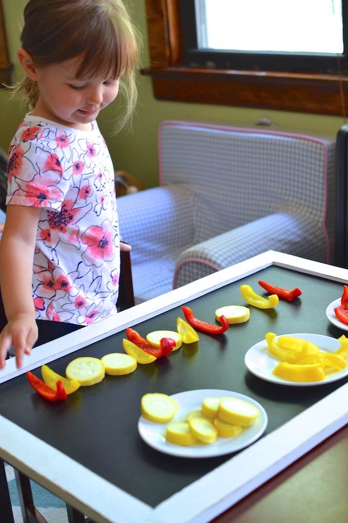 Building Produce Patterns - Kids learn about and build simple and complex patterns using vegetables! ~sweetpeasandabcs.com