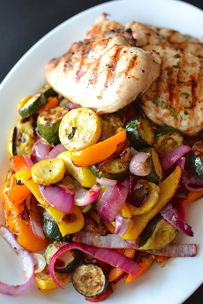 Summertime Mixed Grill with Lemony Orzo - A perfect summertime feast! Grilled meat and colorful vegetables marinated with lemon, garlic and herbs, served with lemony orzo. ~sweetpeasandabcs.com