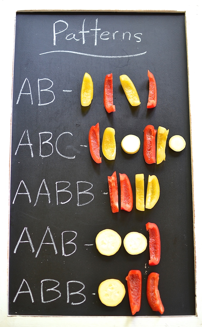 Building Produce Patterns - Kids learn about and build simple and complex patterns using vegetables! ~sweetpeasandabcs.com