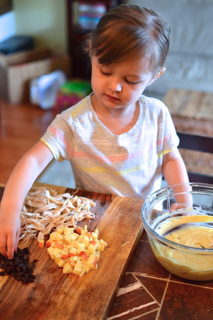 Making Curry Chicken Salad , adding shredded chicken, crunchy apples, and chewy raisins to our 3-ingredient (no mayo!) dressing. ~sweetpeasandabcs.com