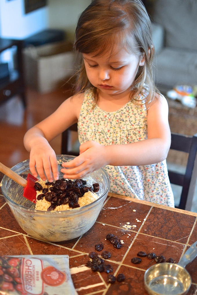 Making Cherry Oatmeal Cookies - An egg-free version of a cookie classic, studded with tart, dried cherries! ~sweetpeasandabcs.com