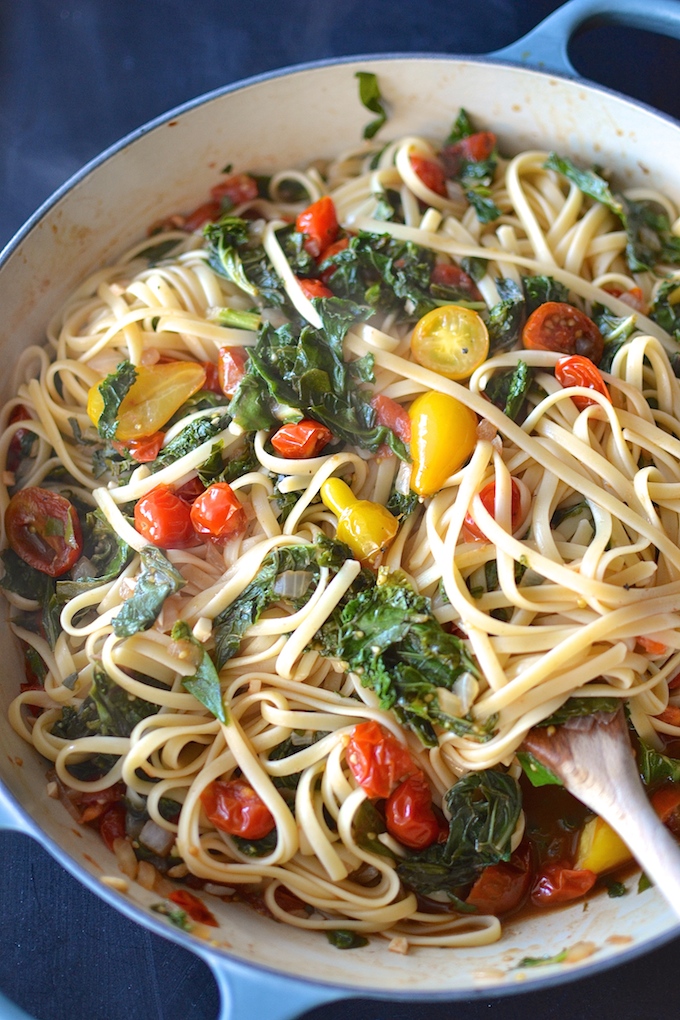 Pasta with Greens and Balsamic Tomatoes - Late summer tomatoes and fall's bountiful greens star in this easy, weeknight pasta dish! ~sweetpeasandabcs.com