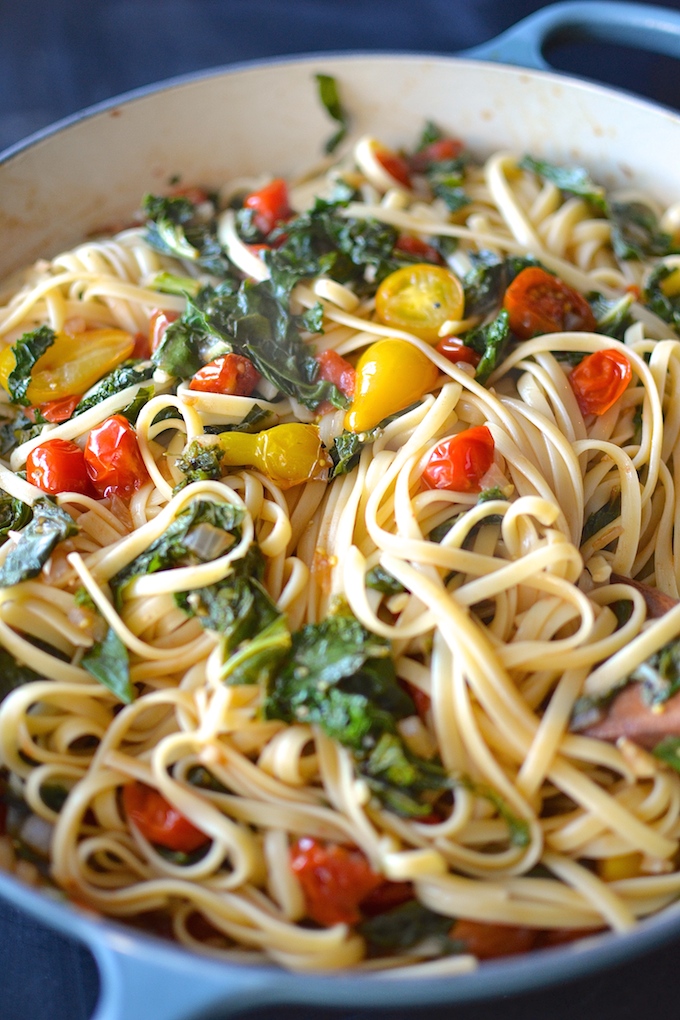 Pasta with Greens and Balsamic Tomatoes - Late summer tomatoes and fall's bountiful greens star in this easy, weeknight pasta dish! ~sweetpeasandabcs.com