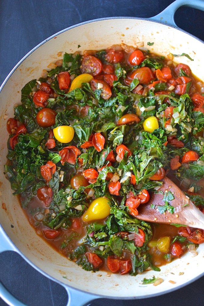 Pasta with Greens and Balsamic Tomatoes - Late summer tomatoes and fall's bountiful greens star in this easy, weeknight pasta dish! ~sweetpeasandabcs.com