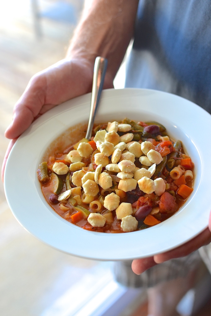 Garden Minestrone Soup - A vegetarian, fall-favorite soup loaded with beans, pasta and eight garden vegetables! ~sweetpeasandabcs.com