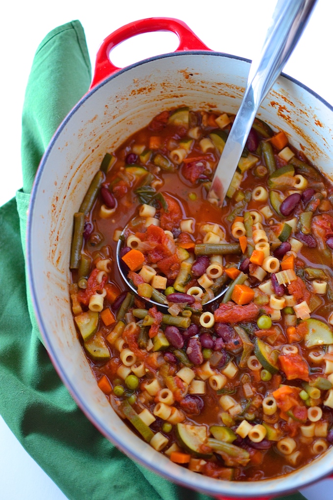 Garden Minestrone Soup - A vegetarian, fall-favorite soup loaded with beans, pasta and eight garden vegetables! ~sweetpeasandabcs.com