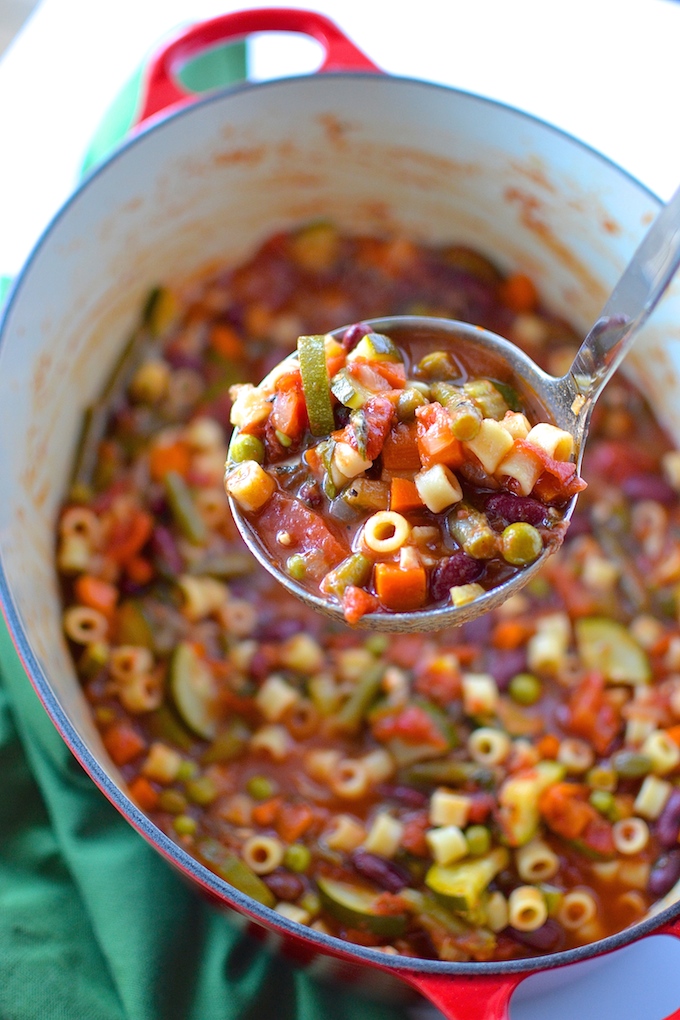 Garden Minestrone Soup - A vegetarian, fall-favorite soup loaded with beans, pasta and eight garden vegetables! ~sweetpeasandabcs.com