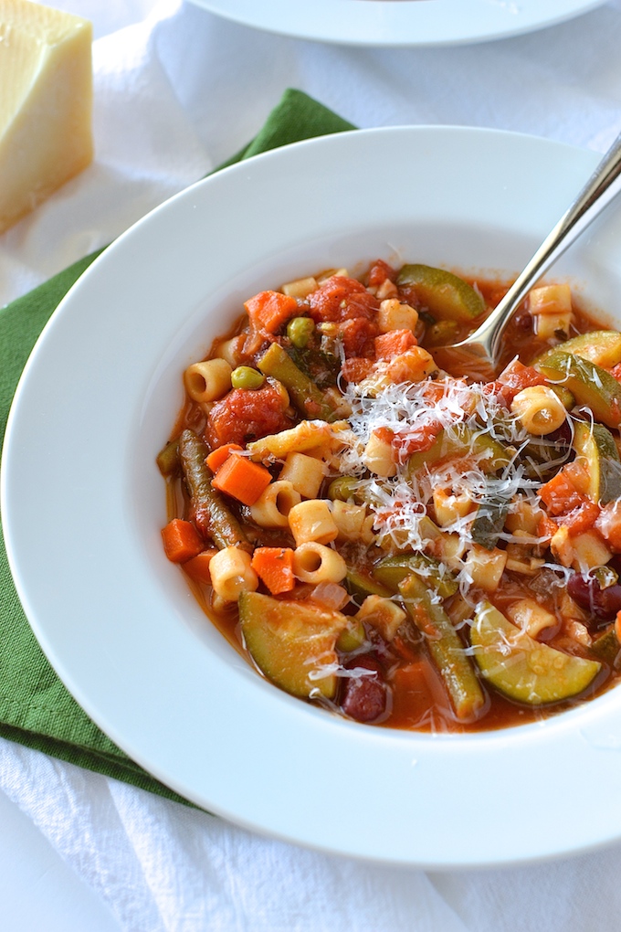 Garden Minestrone Soup - A vegetarian, fall-favorite soup loaded with beans, pasta and eight garden vegetables! ~sweetpeasandabcs.com