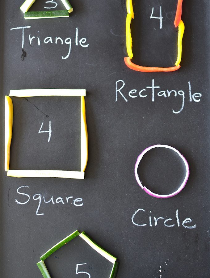 Building Vegetable Polygons - Use colorful sliced peppers, zucchini, squash and onions to build basic shapes and learn all about the sides and angles in different polygons! ~sweetpeasandabcs.com