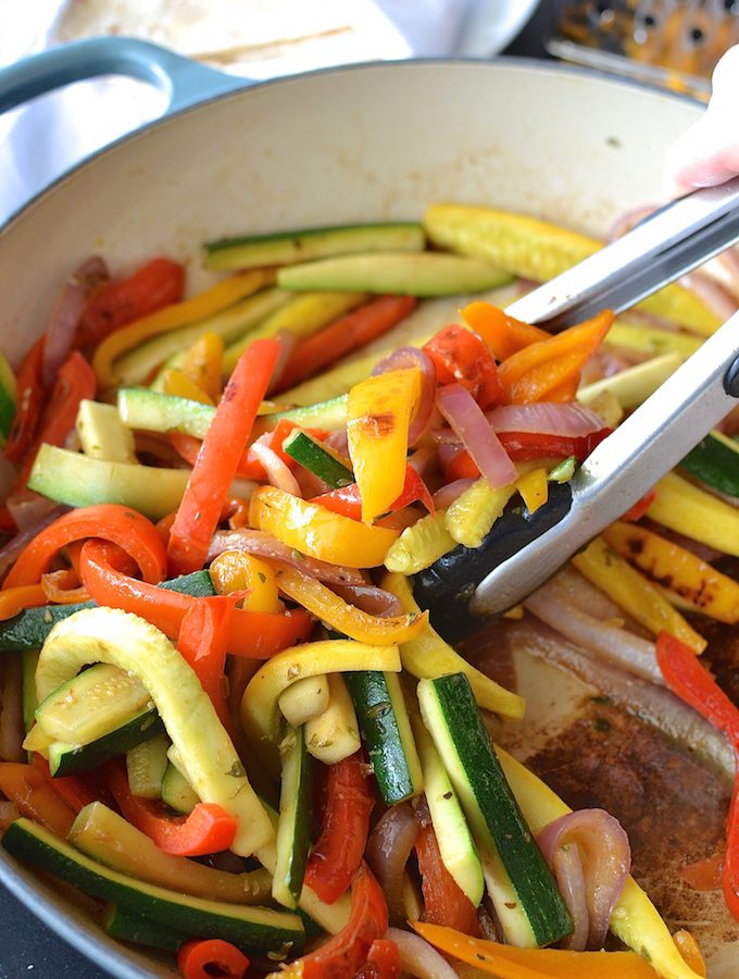 Quick Veggie Fajitas - Fresh and colorful peppers, onions, zucchini and squash are flavored simply and nestled in a warm tortilla in this quick 30-minute dinner recipe. ~sweetpeasandabcs.com