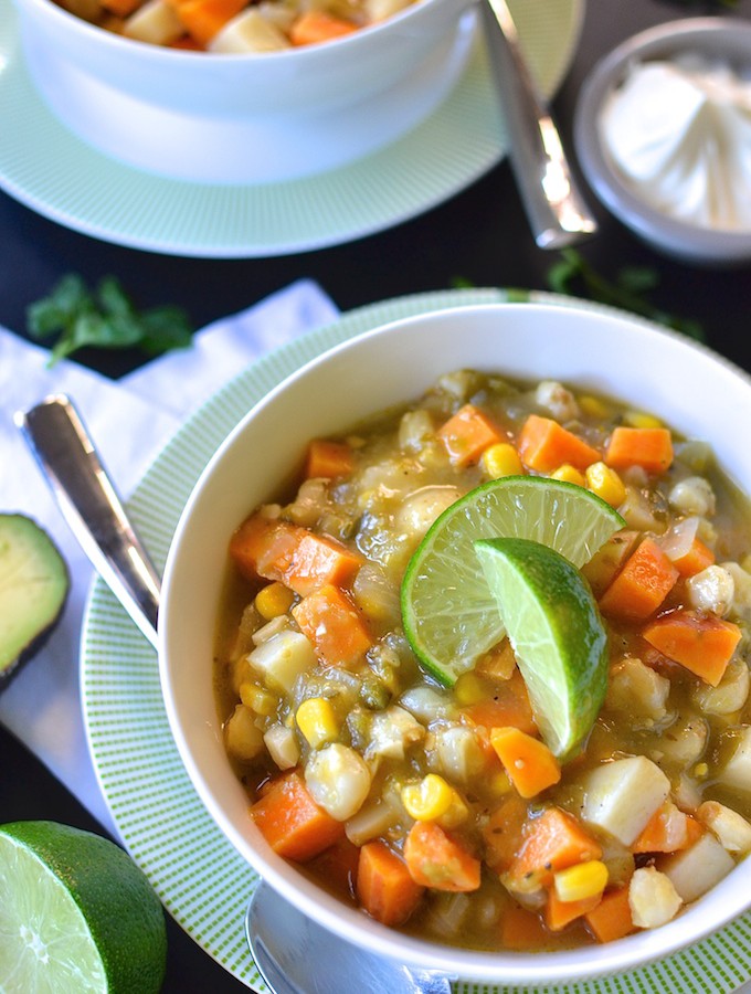 Vegetarian Chili Verde - A completely vegetarian tomatillo green chili chock full of hearty vegetables and warm spices. ~sweetpeasandabcs.com