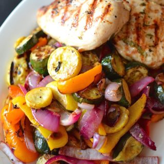 Summertime Mixed Grill with Lemony Orzo - A perfect summertime feast! Grilled meat and colorful vegetables marinated with lemon, garlic and herbs, served with lemony orzo. ~sweetpeasandabcs.com