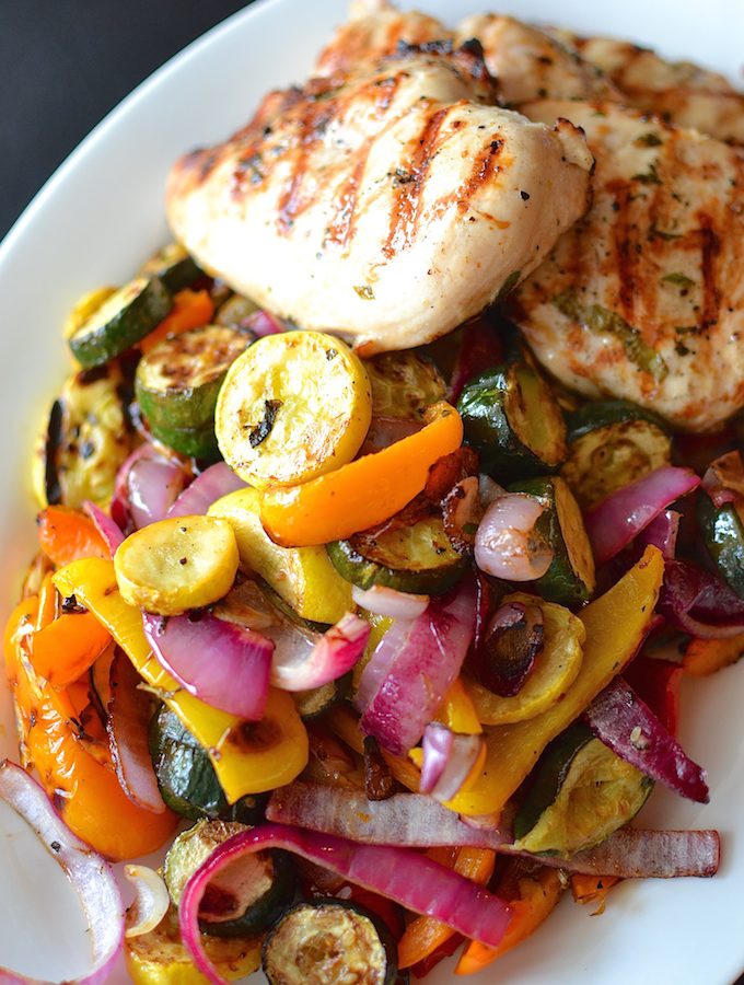 Summertime Mixed Grill with Lemony Orzo - A perfect summertime feast! Grilled meat and colorful vegetables marinated with lemon, garlic and herbs, served with lemony orzo. ~sweetpeasandabcs.com