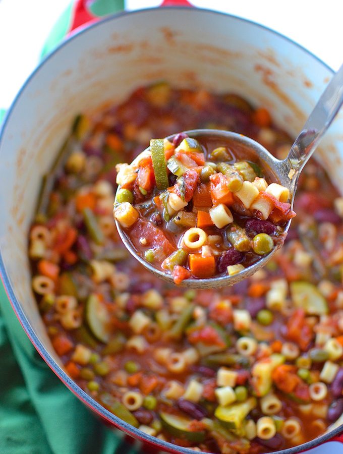 Garden Minestrone Soup - A vegetarian, fall-favorite soup loaded with beans, pasta and eight garden vegetables! ~sweetpeasandabcs.com